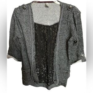 Vanity Gray Open-Front 3/4 Sleeve Military Style Jacket with Lace Back- Size S